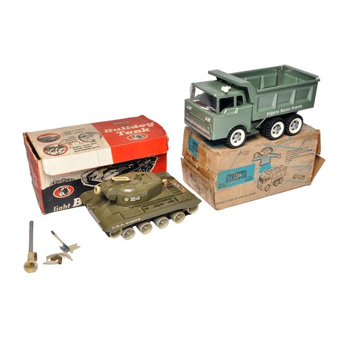 152 - A Remco plastic mechanical toy tank plus Structo Large Metal Tipper Truck. Tank looks fair to good, ... 