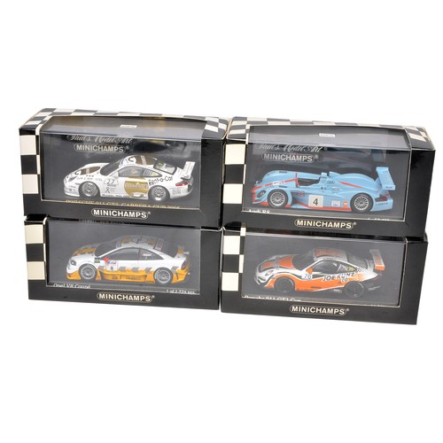 240 - A group of 4 x Minichamps 1/43 diecast model vehicles comprising Porsche, Opel and Audi. Look to be ... 