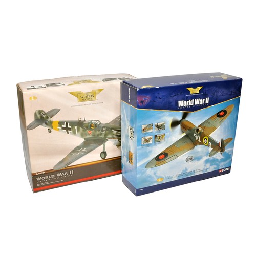 377 - Corgi Trio of Aviation Archive Diecast Model Aircraft comprising Hawker Hurricane, Spitfire and Mess... 