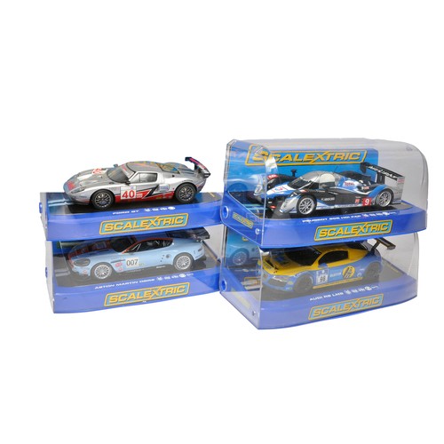 448 - Scalextric slot car issues comprising Audi R8 LMS, Peugeot 908 Hdi FAP, Aston Martin DBR9 plus Ford ... 