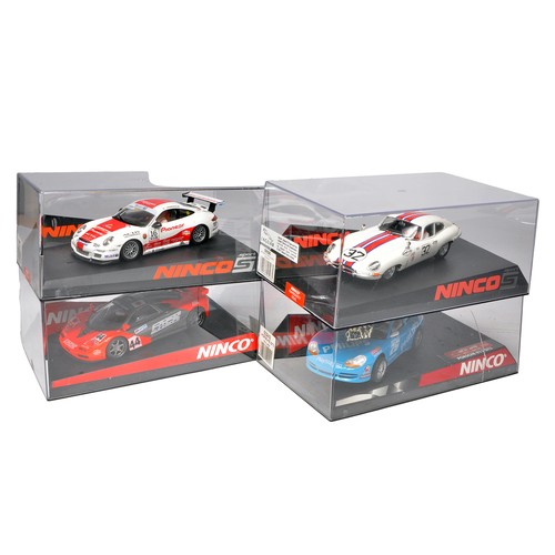 450 - Ninco slot car issues comprising McLaren Lack, Porsche GTS  (loose in case),Jaguar E-Type Coupe plus... 