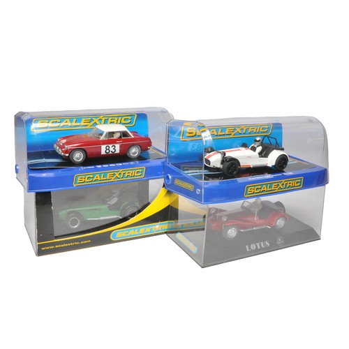 459 - Scalextric slot car issues comprising MGB 1964 Monte Carlo Rally, Caterham R500, Lotus 7 classic Red... 