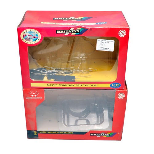 30 - Britains Farm 1/32 duo comprising Massey Ferguson 1505 x 2. One has been custom fitted with a handbu... 