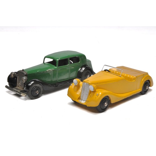 Dinky No. 38b Sunbeam Talbot. Single issue is in yellow inc interior, silver edged screen, as shown. Displays generally very good. The odd minor mark throughout. PLUS Dinky No. 30c Daimler. Issue is in green, as shown. Displays generally good, odd minor marks plus a more noticeable mark one side, as shown.