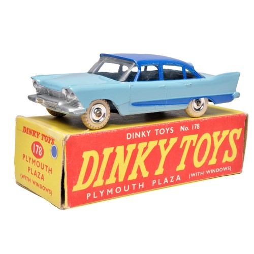 Dinky No. 178 Plymouth Plaza. Single issue is in two tone blue, with chrome hubs, as shown. Displays generally very good to excellent. The odd mark of wear. In good (repair one end) box.