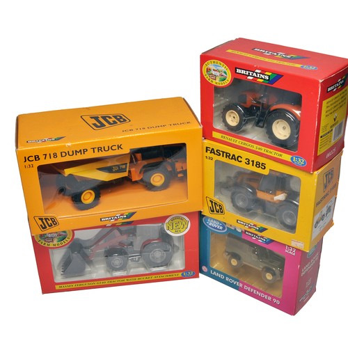607 - A group of boxed Britains Farm Models including JCB, Land Rover, Massey Ferguson and Renault.