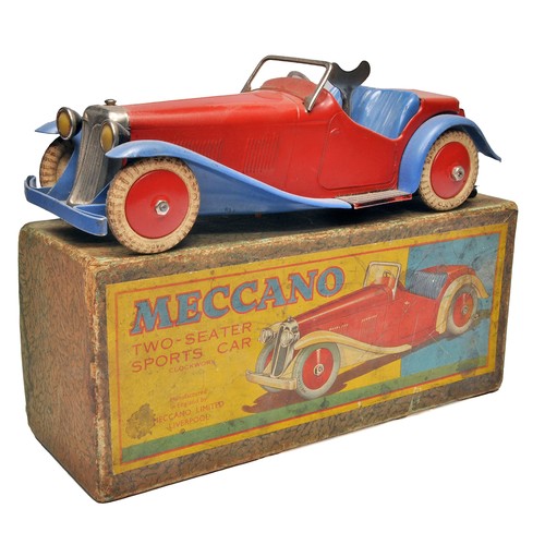 Meccano (pre-war) 1930's 'Non Constructor' Two-Seater Sports' car. This example is red and blue with chrome trim, as shown. Displays good to very good overall in good original box.