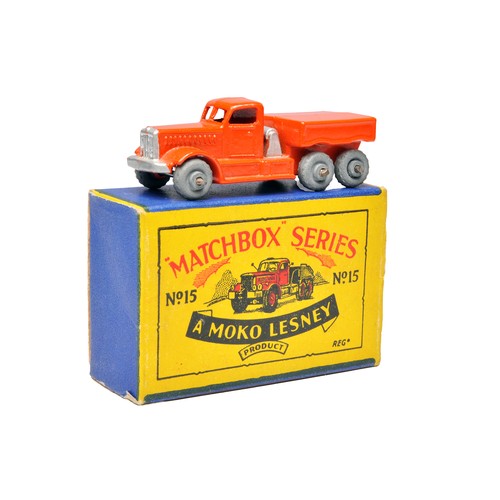 Matchbox regular wheels no. 15a Diamond T Prime Mover. Orange body with silver trim including winch with grey metal wheels. Generally excellent with little sign of wear in excellent box.