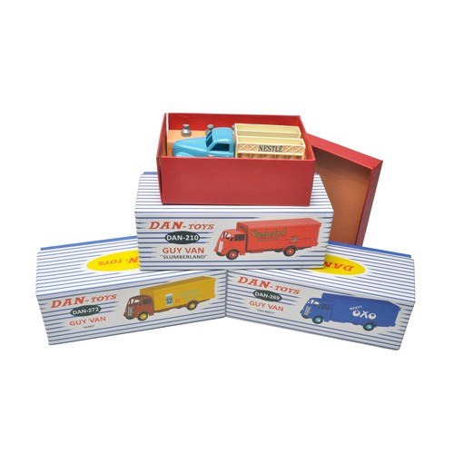 135 - A trio of Dan Toys Dinky Guy Advertising Vans plus a further Dan Toys Nestle Milk Truck. Excellent i... 