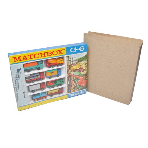 Matchbox Regular wheels no. G6 Truck Set containing 8 vehicles as shown. Set is factory sealed with wrapper hence contents 'as new'. Box structural integrity also excellent, and comes with original sleeve.
