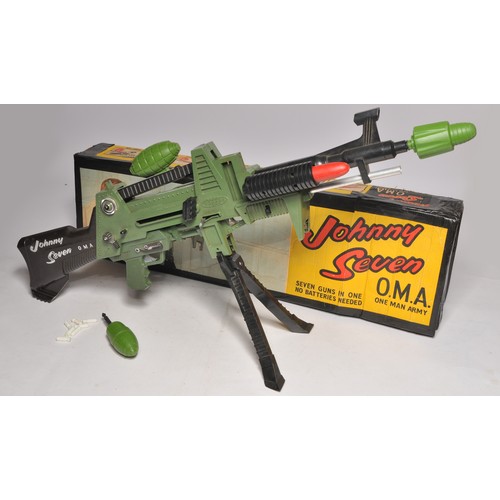 Topper Toys Johnny Seven O.M.A. Gun appears to be complete, in clean condition and in working order. With original box. Note original box has been notably repaired with tape and reinforced wooden struts inside.