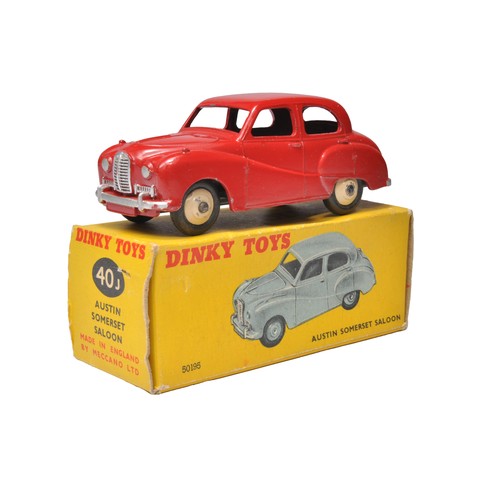 Dinky No. 40j Austin Somerset Saloon. Single issue in red with CREAM hubs. (40j to base). Displays generally very good to excellent. The odd minor mark. In good to very good (40j) box. Hard to find variation.