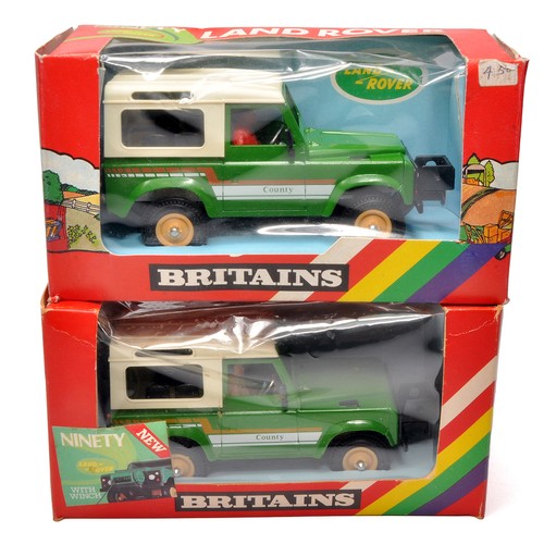 33 - Britains 1/32 Farm Toys comprising No. 9512 Land Rover 90 x 2 (Box variants). Contents excellent in ... 