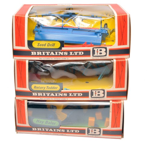 43 - Britains 1/32 Farm Toys comprising trio of implements to include Seed Drill, Rotary Tedder and Hay B... 