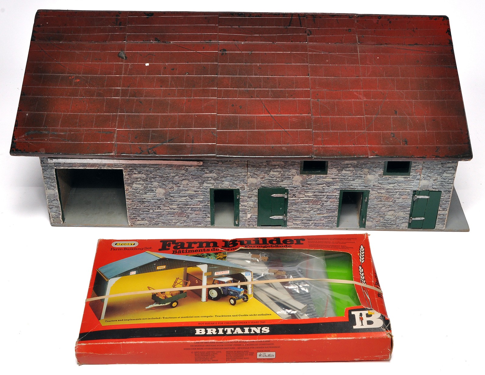 A large 1/32 model farm shed, likely hand-built plus a Britains farm ...