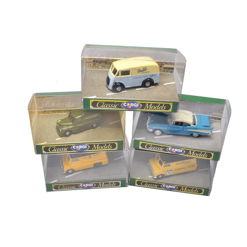 641 - A group of 5 x diecast Corgi classics models comprising, 1) Morris J Van, 2) Chevrolet Bel Air, 3) B... 