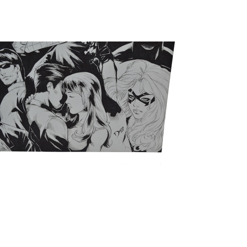 462 - An original piece of comic artwork, depicting Spider-Man surrounded by multiple Marvel characters, s... 