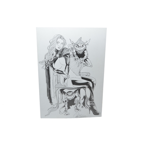 464 - An original piece of comic artwork, a pin-up depicting the Goblin Queen seated and accompanied by go... 