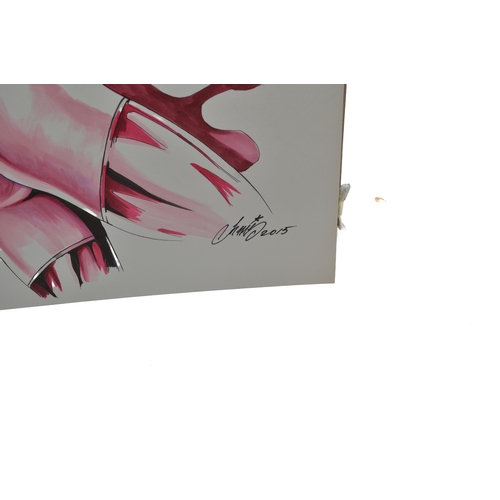 493 - A signed print of a pin-up depicting the Marvel Comics character the Scarlet Witch in a classic pink... 
