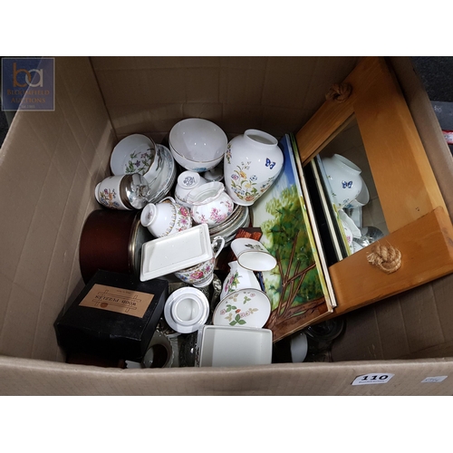 110 - LARGE BOX LOT TO INCLUDE PART TEA SETS, CERAMICS, MIRRORS ETC