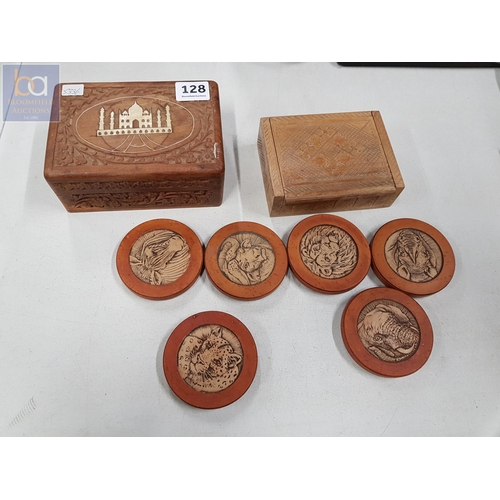 128 - 2 CARVED BOXES AND COASTERS