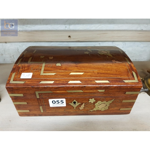 55 - DECORATIVE WOOD AND BRASS INLAID JEWELLERY BOX