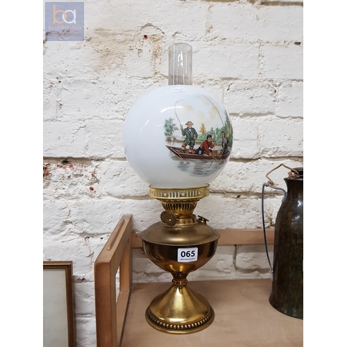 65 - COMPLETE OIL LAMP WITH NICE HUNTING SCENE SHADE