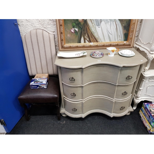 5 - MODERN BOW FRONTED CHEST OF DRAWERS AND A CHAIR