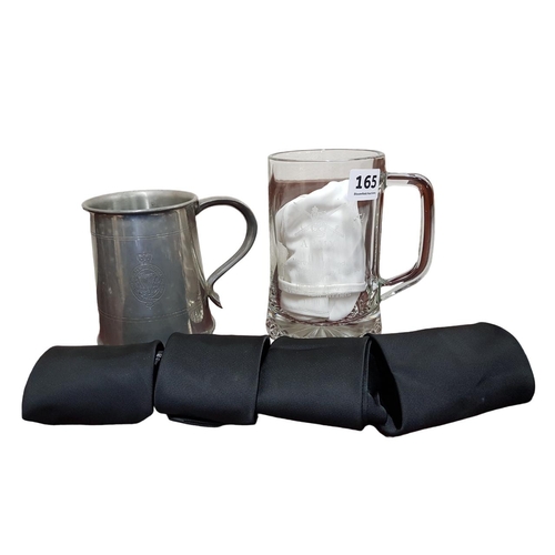 165 - 2 TANKARDS (GLASS/METAL), WHITE GLOVES AND 4 CLIP ON TIES