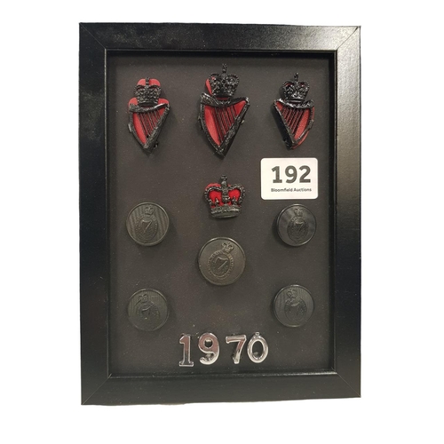 192 - FRAMED ROYAL ULSTER CONSTABULARY 'B' SPECIAL 7 STRING HARP BADGES