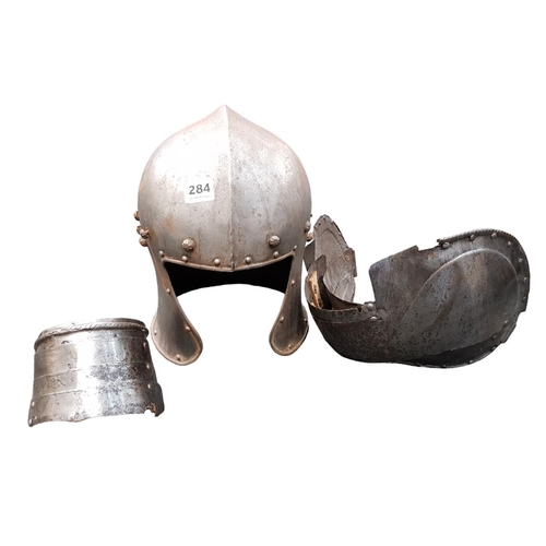 284 - HELMET AND 2 PIECES OF ARMOUR