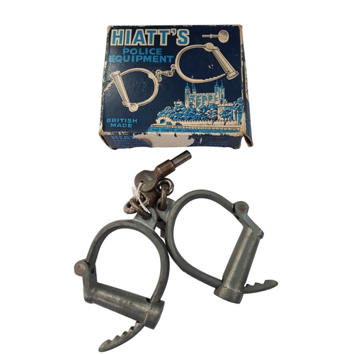 7 - PAIR OF HIATTS HANDCUFFS IN BOX & WITH KEY, EARLY 1900S MODEL