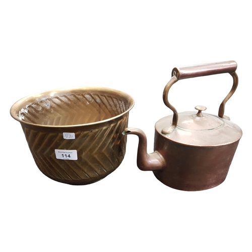 114 - COPPER KETTLE AND BRASS PLANTER