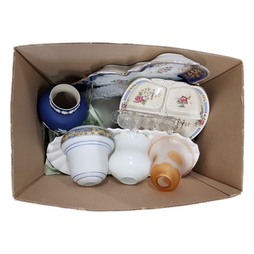 182 - BOX OF CERAMICS AND LIGHTSHADES