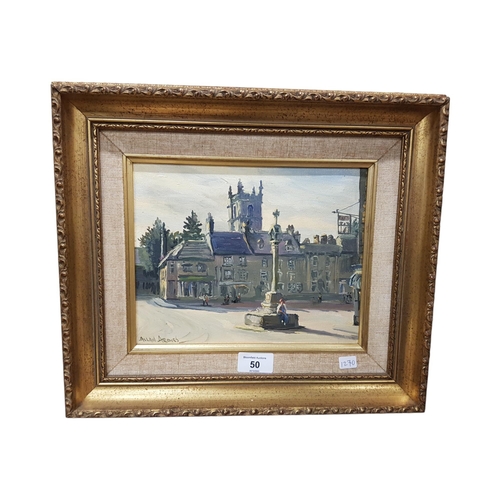 50 - ALLAN ARDIES - OIL ON CANVAS - TOWN CENTER 24CM X 19CM