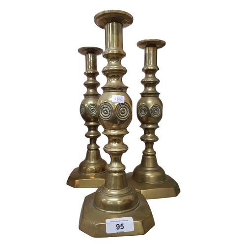 95 - SET OF 3 OLD BRASS CANDLESTICKS