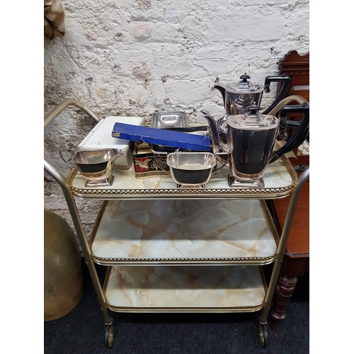 10 - MID CENTURY HOSTESS TROLLEY, EPNS TEA SET & CUTLERY