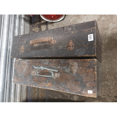 122 - 2 OLD WOODEN TOOL BOXES & CONTENTS