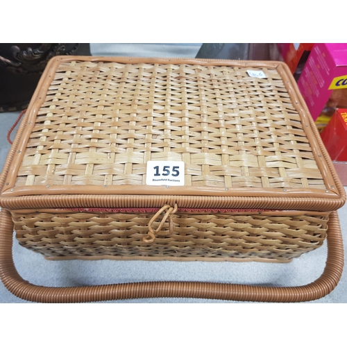 155 - VINTAGE WICKER SEWING BASKET & CONTENTS