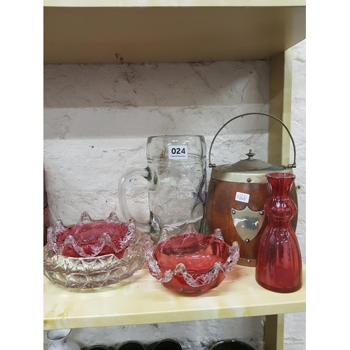 24 - SHELF LOT OF RUBY GLASS, TOBACCO JAR & GLASSWARE