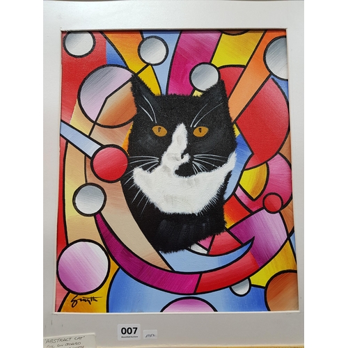 7 - GEORGE SMYTH - OIL ON BOARD - ABSTRACT CAT 40CM X 33CM