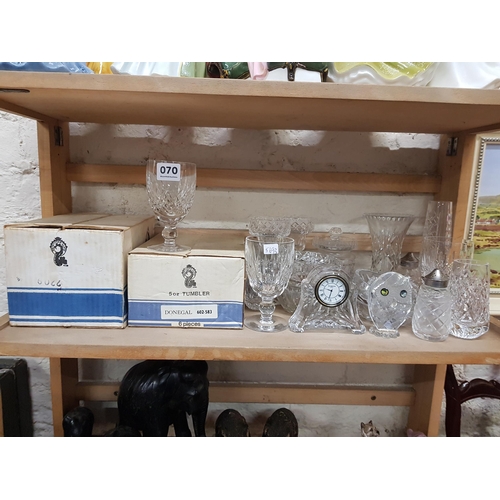 70 - SHELF LOT OF CUT GLASS TO INCLUDE BOXED WATERFORD GLASSES