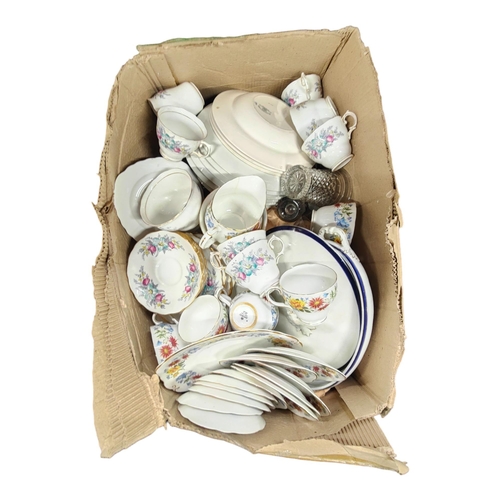 185 - LARGE BOX OF TEA & DINNERWARE