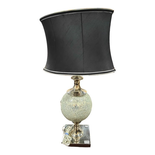 275 - BEAUTIFUL SILVER & GLASS TABLE LAMP WITH BLACK SHADE