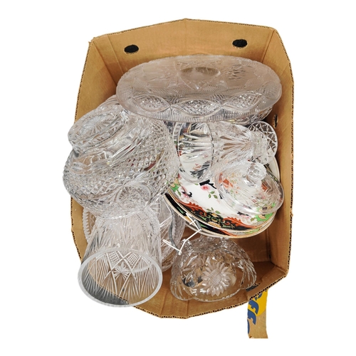 32 - LARGE BOX OF CUT GLASS, PLATES AND ORNAMENTS