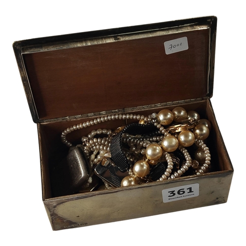 361 - BOX OF COSTUME JEWELLERY TO INCLUDE SILVER VESTA CASE