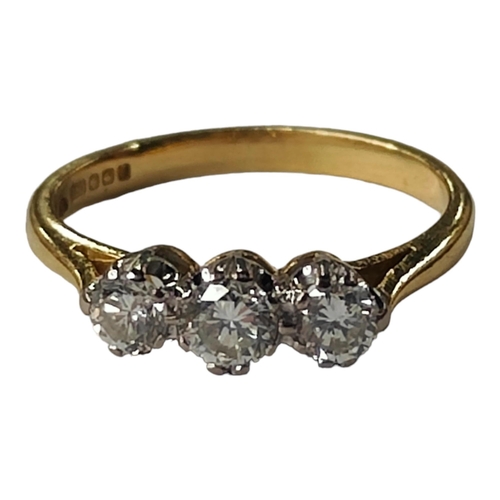 380 - 18 CARAT YELLOW GOLD 3 STONE DIAMOND RING WITH 0.50 CARAT OF DIAMONDS