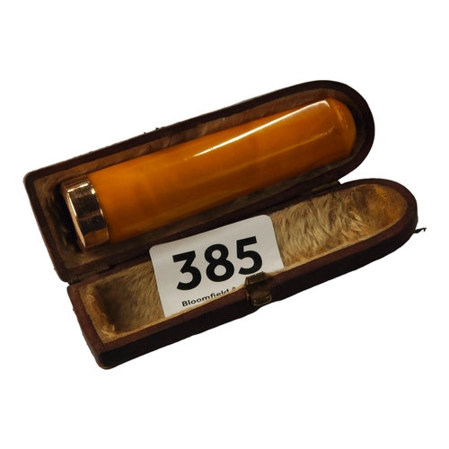 385 - ANTIQUE 9 CARAT GOLD & AMBER CIGAR HOLDER