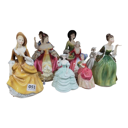 51 - 7 ROYAL DOULTON FIGURES AND 2 COALPORT FIGURES