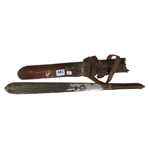 61 - OLD SWORD/MACHETE WITH LEATHER SHEATH AND STRAP